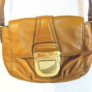 Vtg Michael Kors Small Brown Leather Crossbody Bag Purse Gold Tone Push Lock SEE
